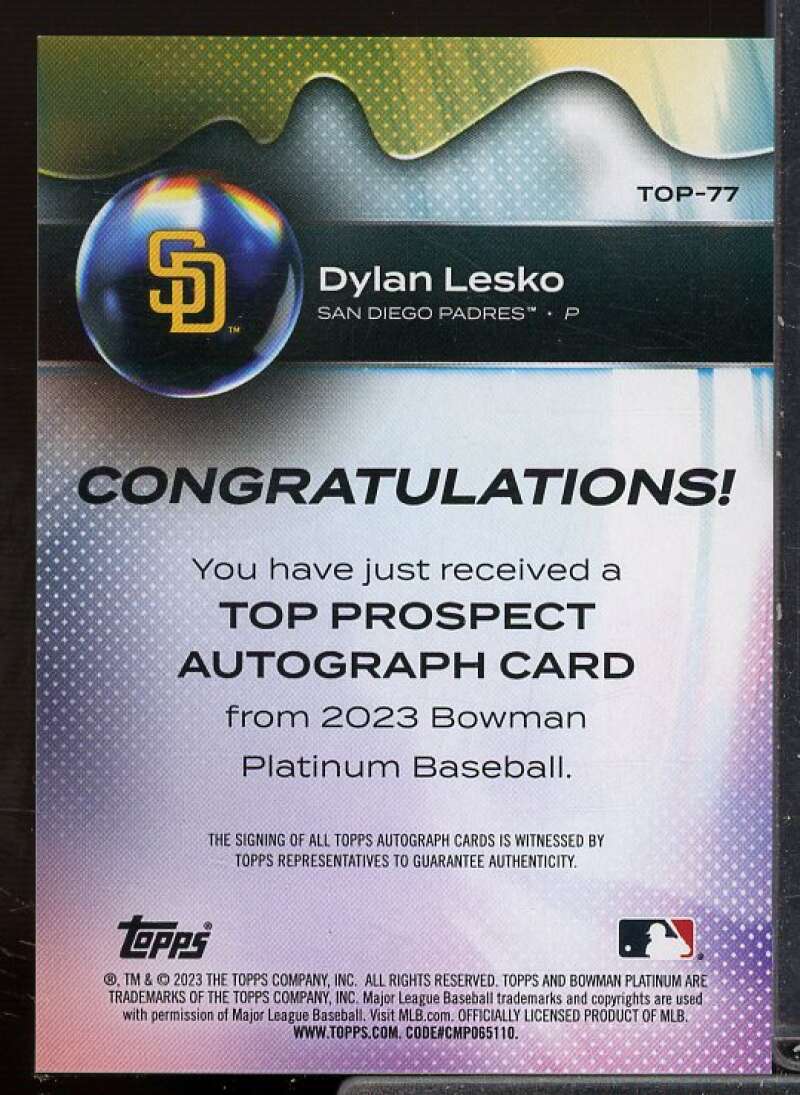 Dylan Lesko Rookie Card 2023 Bowman Platinum Top Prospects Autographs #TOP77  Image 2