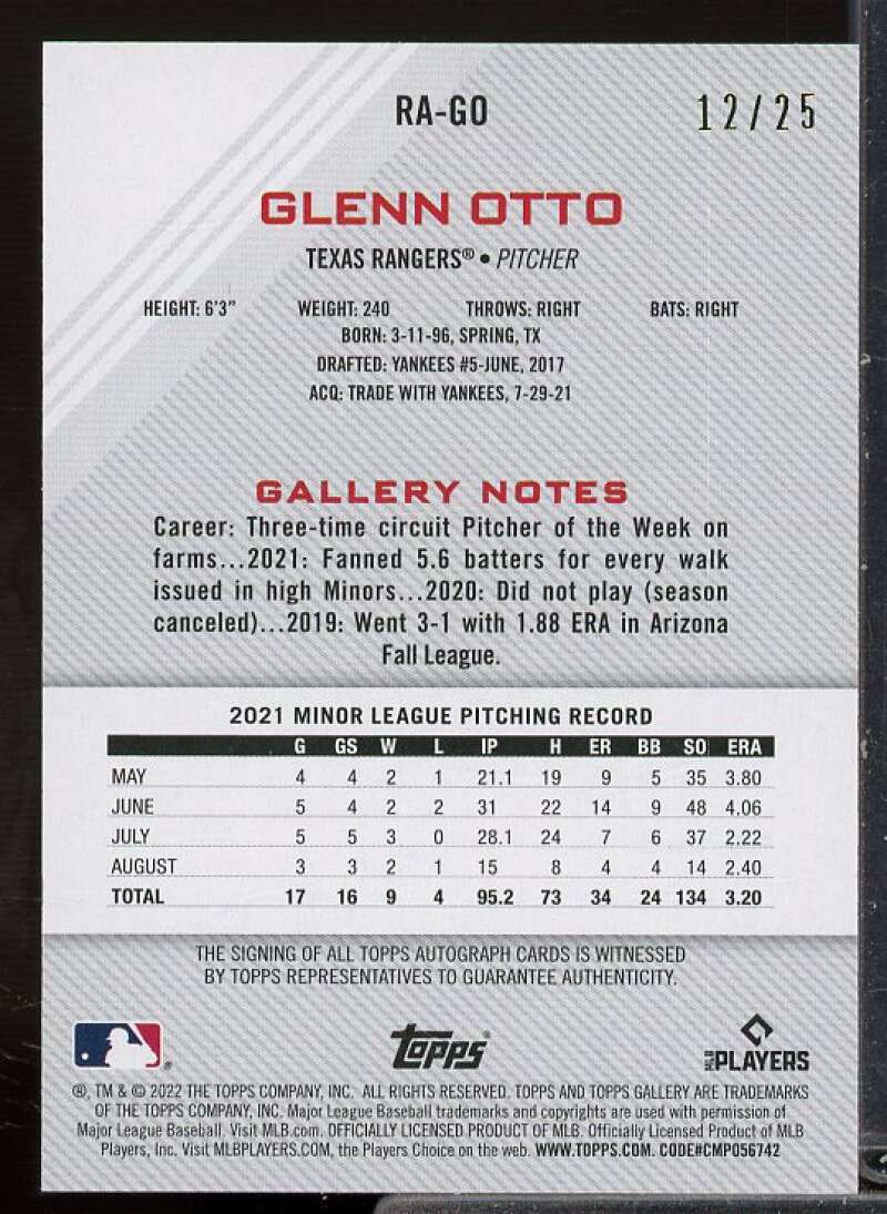 Glenn Otto Rookie Card 2022 Topps Gallery Rookie Autographs Orange #RAGO  Image 2