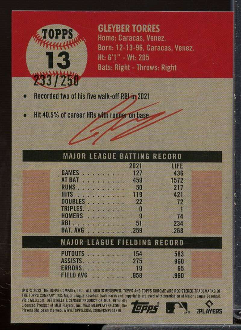 Gleyber Torres 2022 Topps Chrome Platinum Anniversary Yellow RayWave Ref #13  Image 2