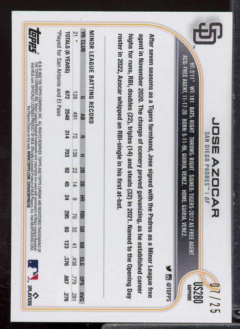Jose Azocar Rookie 2022 Topps Chrome Update Sapphire Orange Refractors #US280  Image 2