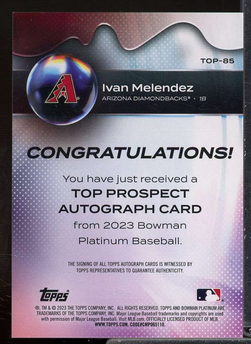 Ivan Melendez Rookie Card 2023 Bowman Platinum Top Prospects Autographs #TOP85  Image 2