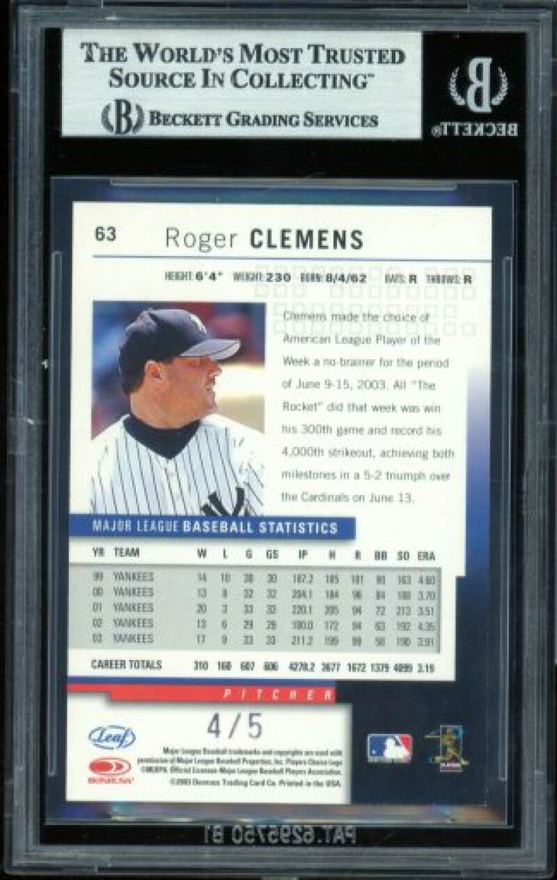 Roger Clemens Card 2004 Leaf Orange County (Serial #d 4/5) #63 BGS 9.5 Image 2