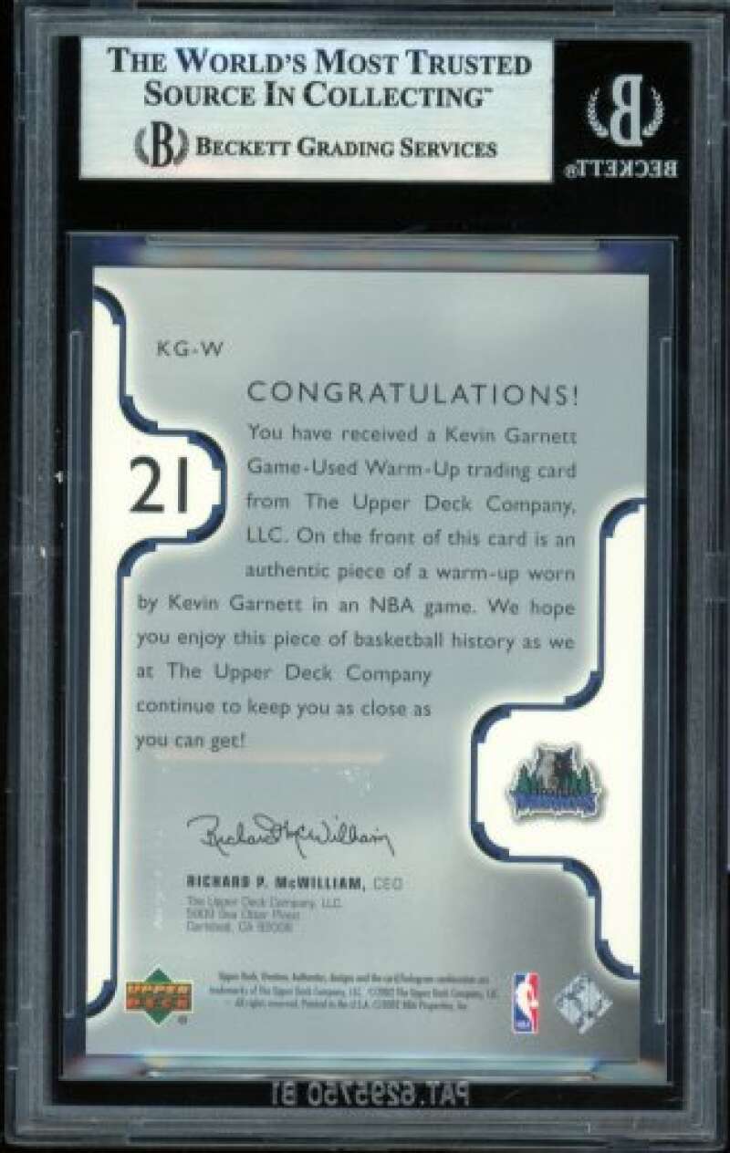 Kevin Garnett Card 2002-03 UD Ovation Authentics Warm-Ups #WKG-W BGS 7 Image 2