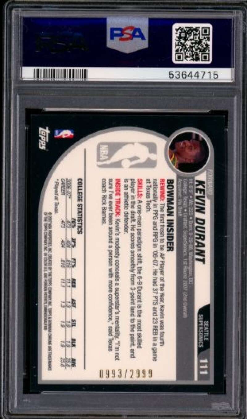 Kevin Durant Rookie Card 2007-08 Bowman Chrome #111 PSA 9 Image 2