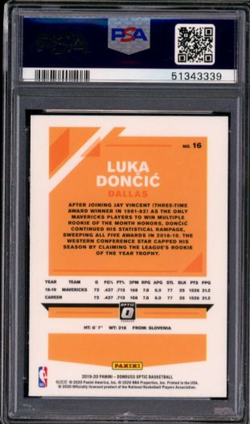 Luka Doncic Card 2019-20 Panini Donruss Optic #16 PSA 10 Image 2