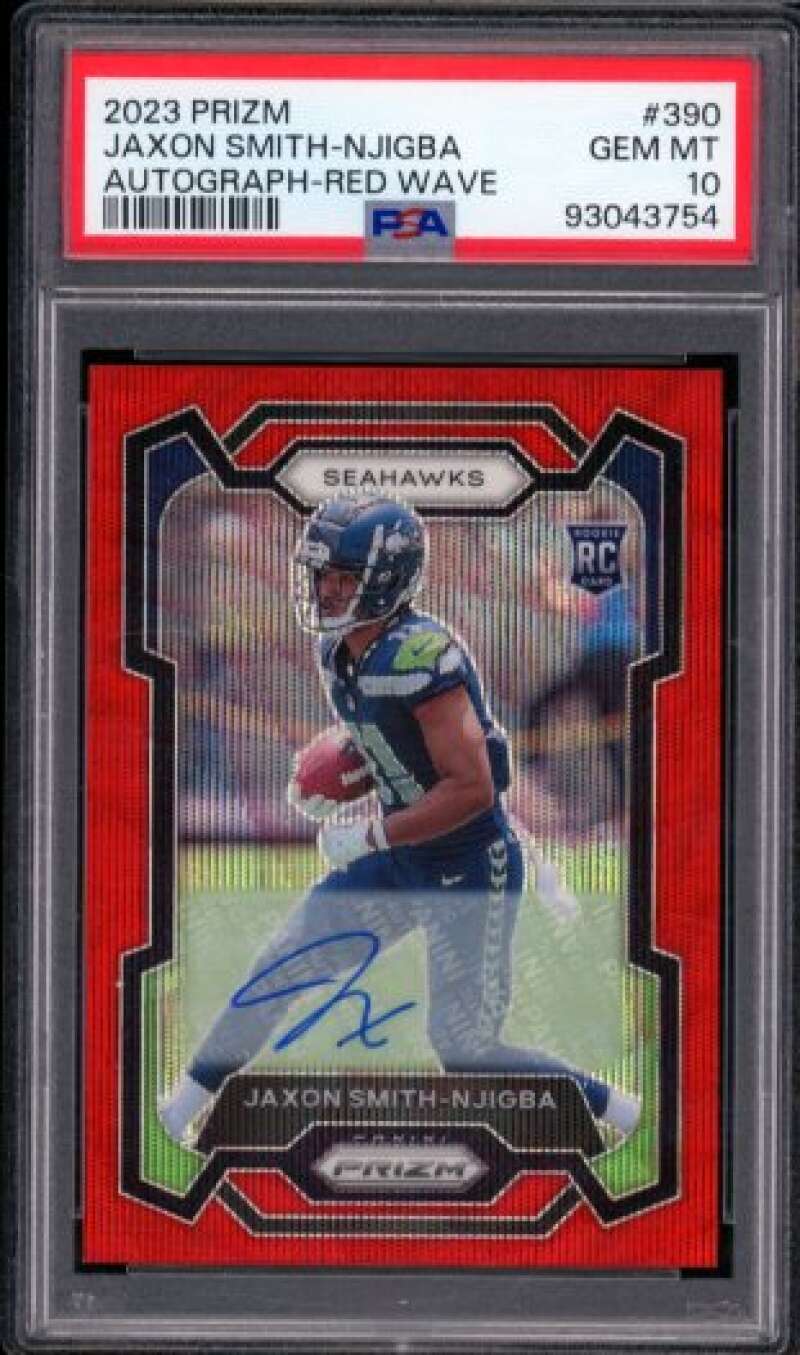Jaxon Smith-Njigba Rookie Card 2023 Prizm Autographed Red Wave #390 PSA 10 Image 1