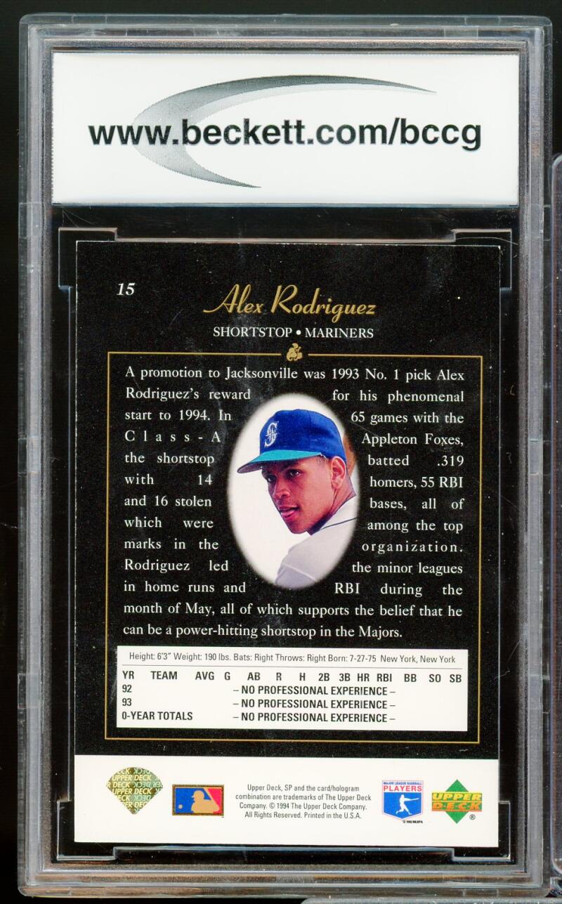 1994 SP #15 Alex Rodriguez Rookie Card BGS BCCG 9 Near Mint+ Image 2