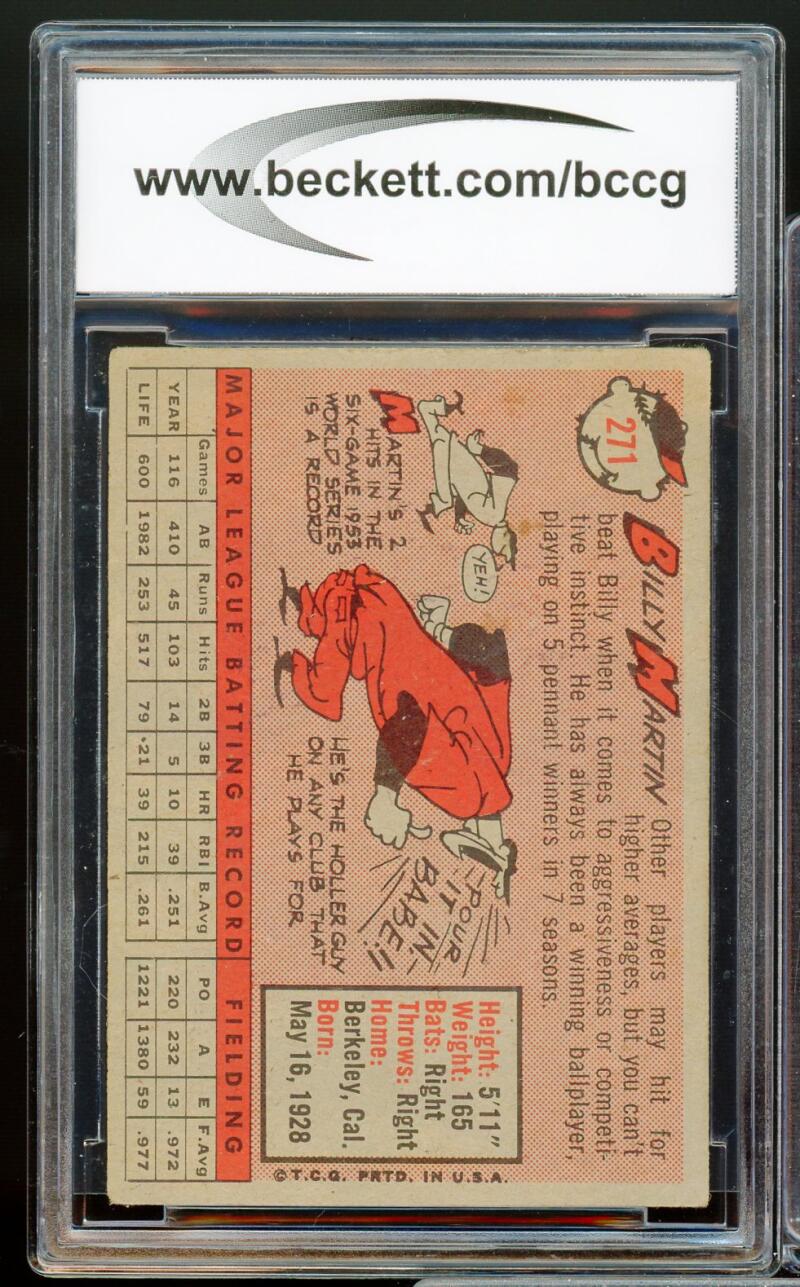 1958 Topps #271 Billy Martin Card BGS BCCG 7 Very Good+ Image 2