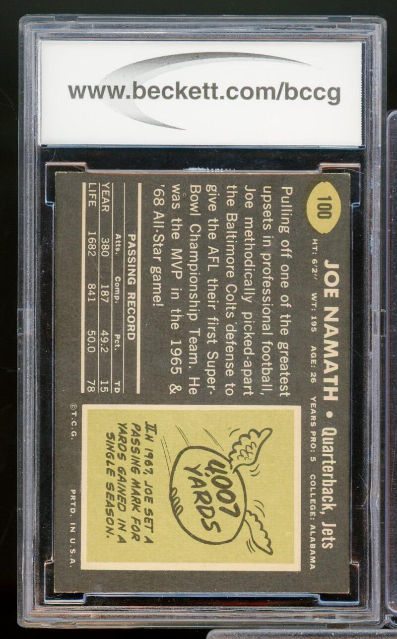 1969 Topps #100 Joe Namath Card BGS BCCG 9 Near Mint+ Image 2