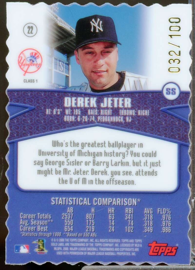 Derek Jeter /100 Card 2000 Topps Gold Label Class 1 Gold #22  Image 2