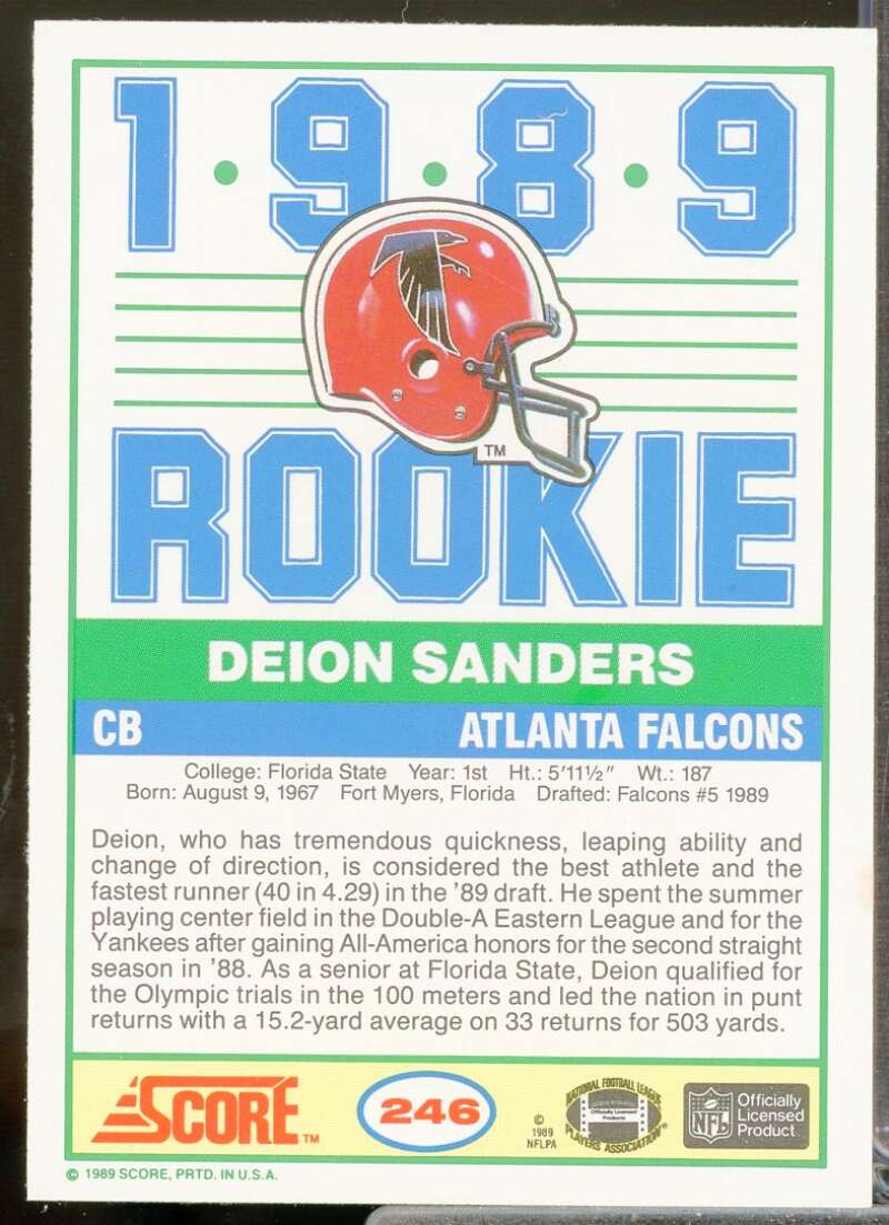 Deion Sanders Rookie Card 1989 Score #246  Image 2