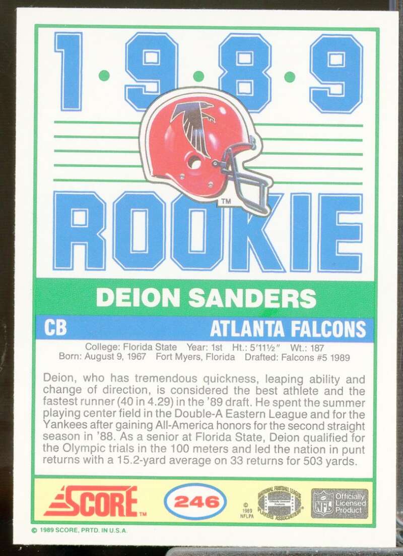 Deion Sanders Rookie Card 1989 Score #246  Image 2