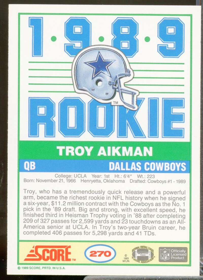 Troy Aikman Rookie Card 1989 Score #270  Image 2