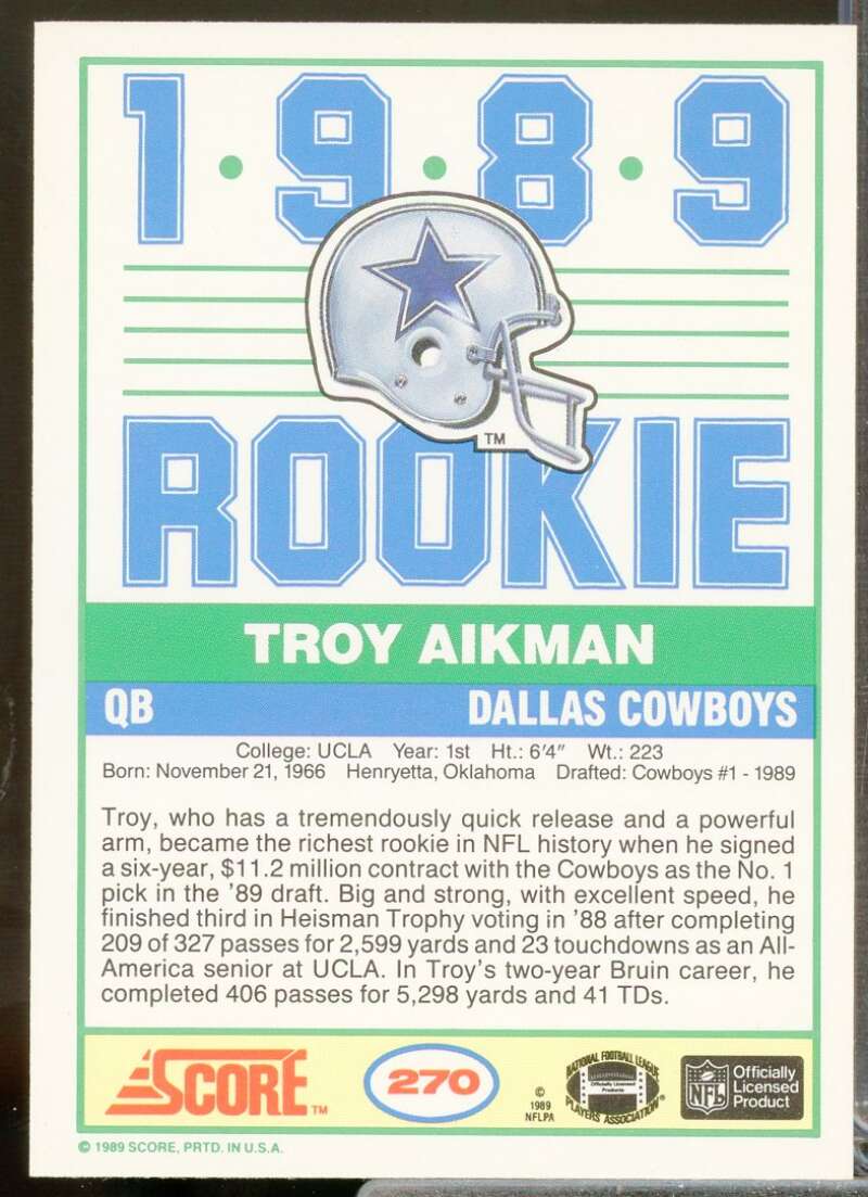 Troy Aikman Rookie Card 1989 Score #270  Image 2