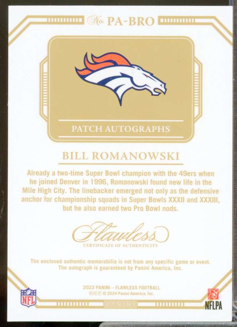 Bill Romanowski /15 Card 2023 Panini Flawless Jersey Patch Autographs Ruby #51  Image 2