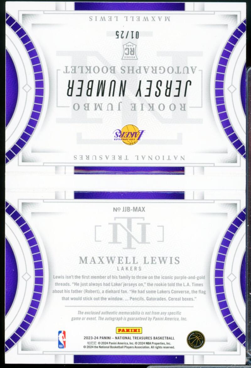 Maxwell Lewis Rookie 2023-24 National Treasures Jersey Number Booklet Auto #21  Image 2