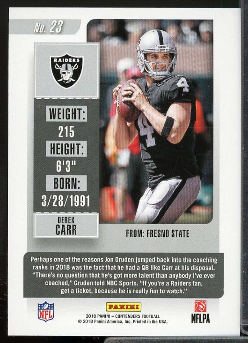 Derek Carr Card 2018 Panini Contenders Cracked Ice #23  Image 2