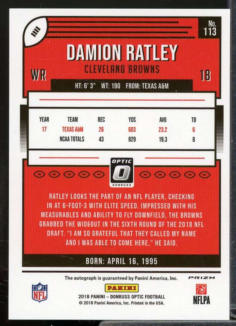 Damion Ratley Rookie Card 2018 Donruss Optic Rookie Autographs Bronze #113  Image 2