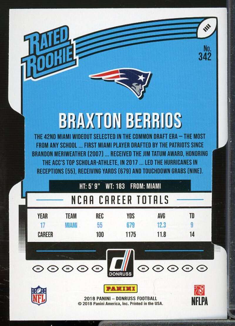 Braxton Berrios Rookie Card 2018 Donruss Press Proof Silver Die Cut #342  Image 2