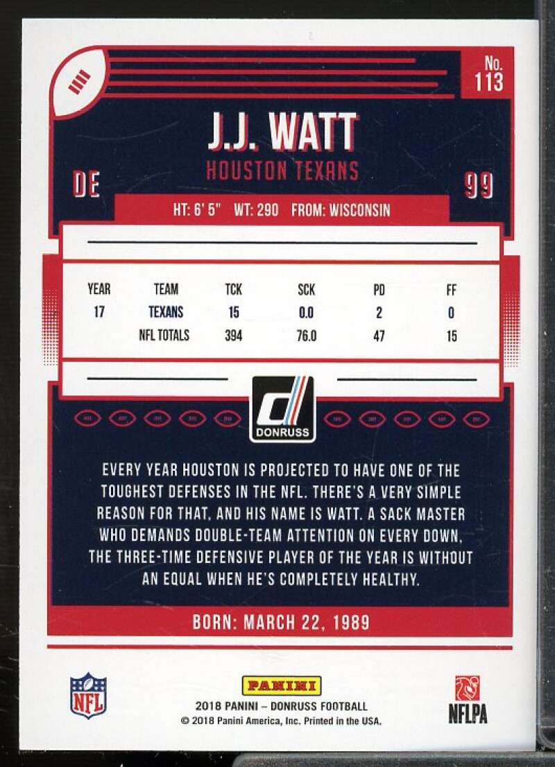 J.J. Watt Card 2018 Donruss Jersey Number #43  Image 2