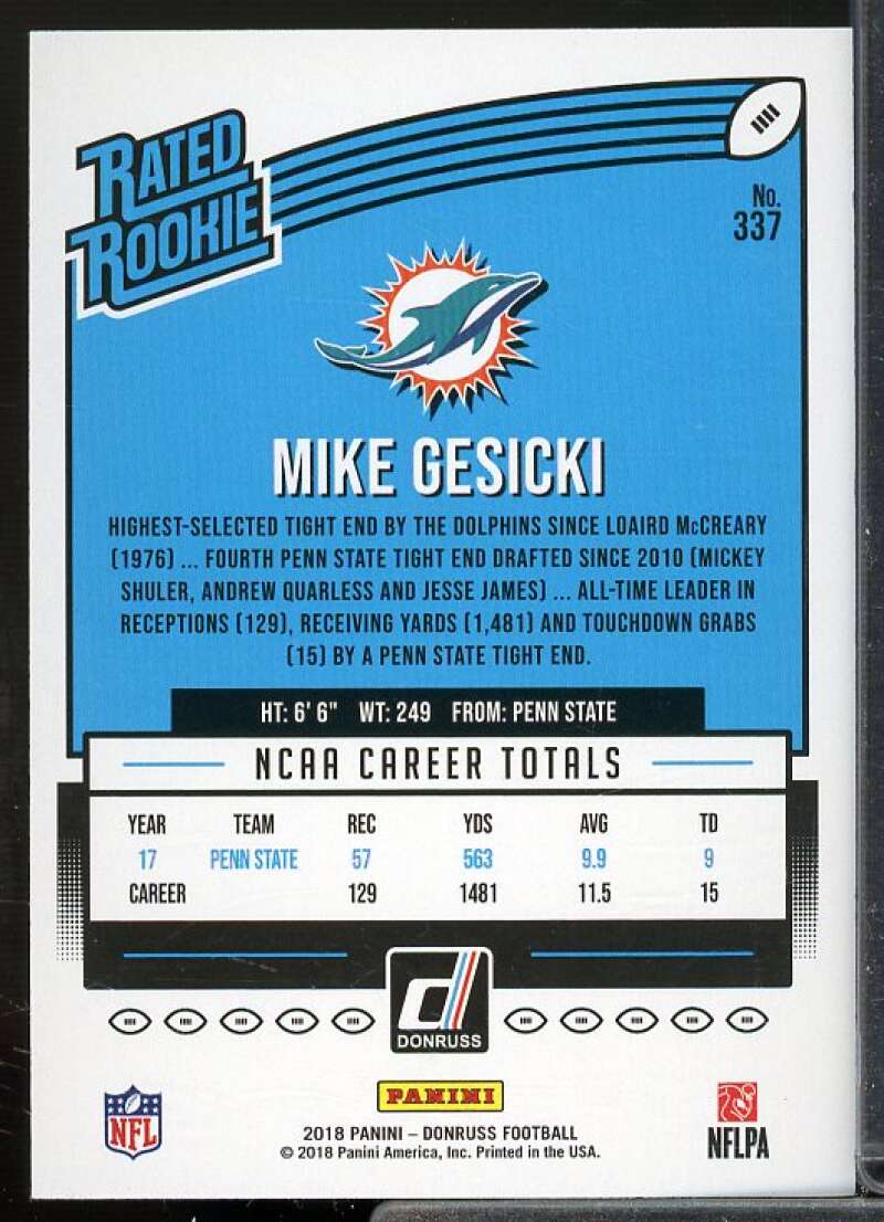 Mike Gesicki/86 Rookie Card 2018 Donruss Jersey Number #337  Image 2