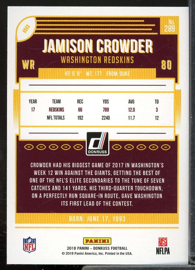 Jamison Crowder Card 2018 Donruss Jersey Number #289  Image 2