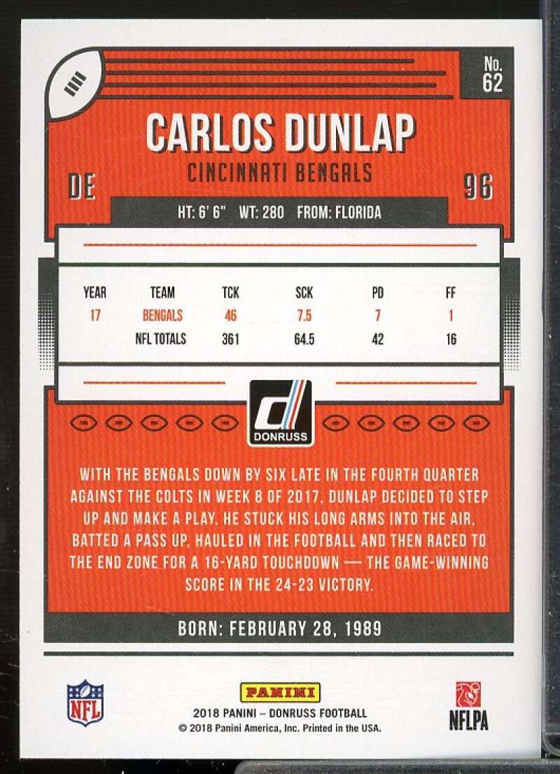 Carlos Dunlap Card 2018 Donruss Jersey Number #62  Image 2