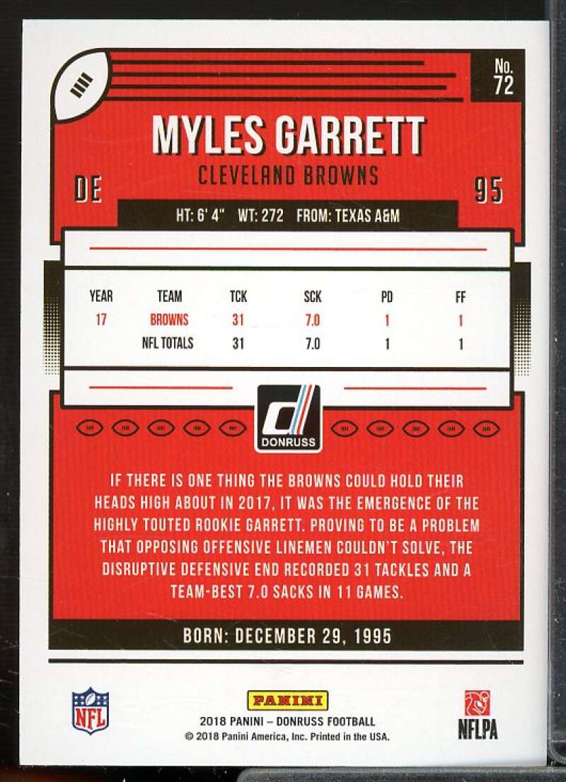 Myles Garrett Card 2018 Donruss Jersey Number #72  Image 2