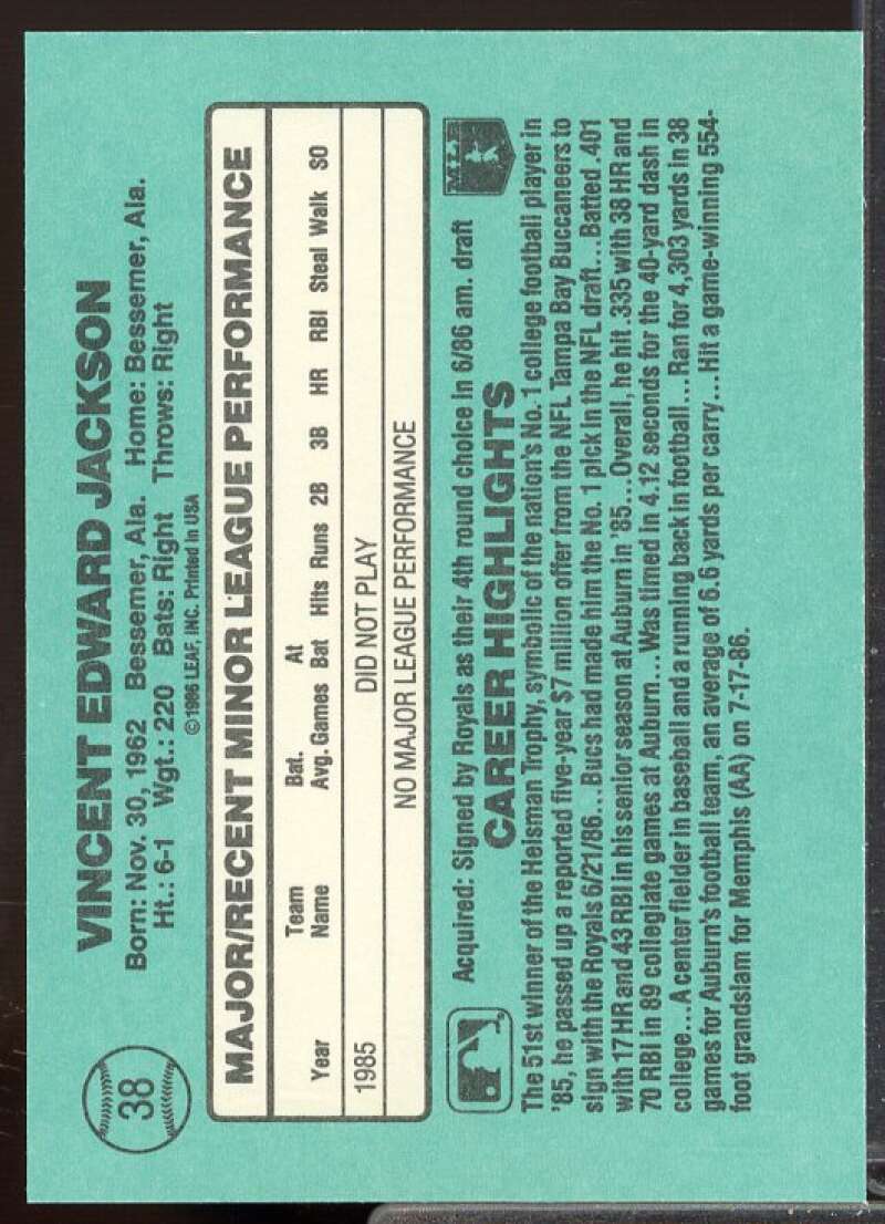Bo Jackson Rookie Card 1986 Donruss Rookies #38  Image 2