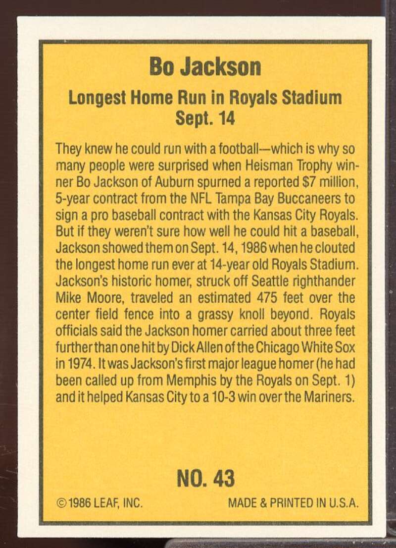 Bo Jackson Rookie Card 1986 Donruss Highlights #43  Image 2