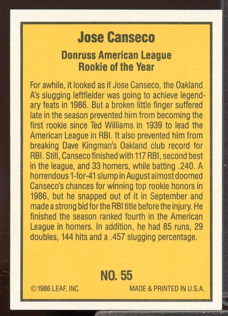 Jose Canseco Rookie Card 1986 Donruss Highlights #55  Image 2