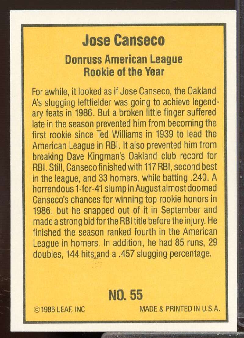 Jose Canseco Rookie Card 1986 Donruss Highlights #55  Image 2