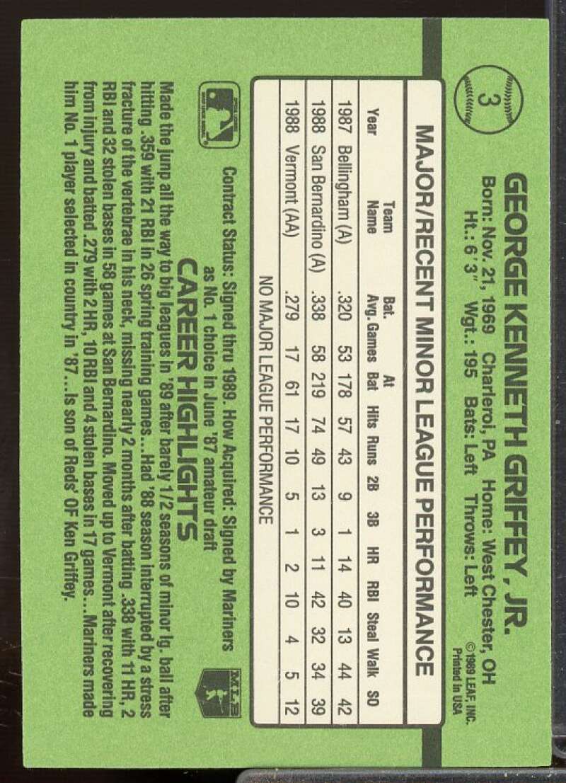 Ken Griffey Jr. Rookie Card 1989 Donruss Rookies #3  Image 2