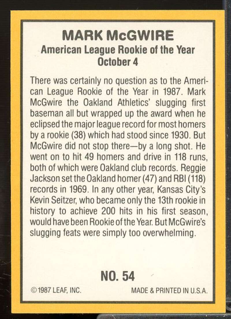 Mark McGwire Rookie Card 1987 Donruss Highlights #27  Image 2