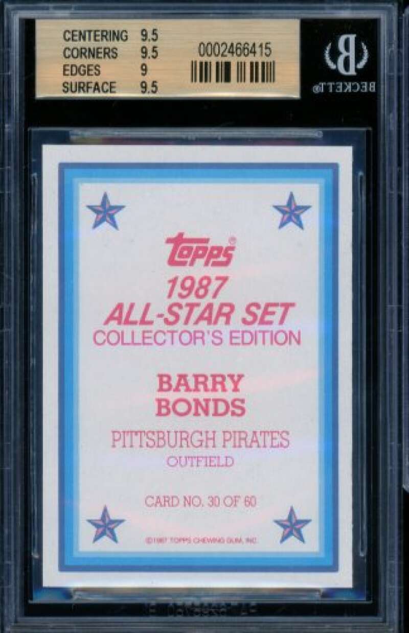 Barry Bonds Rookie Card 1987 Topps Glossy Send-Ins #30 BGS 9.5 Image 2