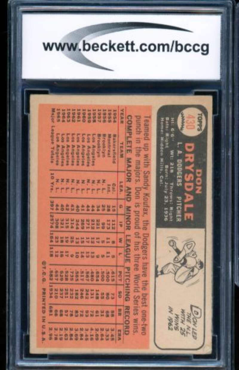 Don Drysdale Card 1966 Topps #430 BGS BCCG 6 Image 2