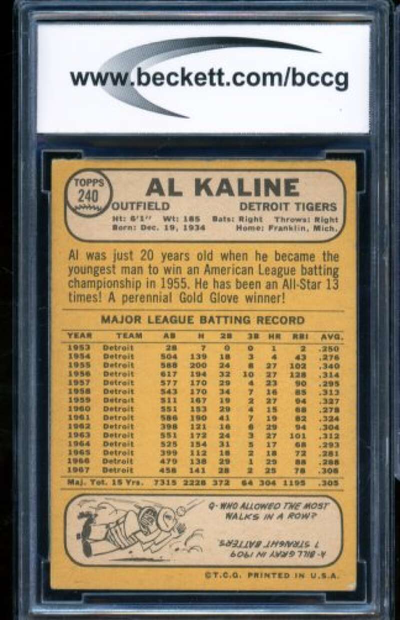 Al Kaline Card 1968 Topps #240 BGS BCCG 7 Image 2