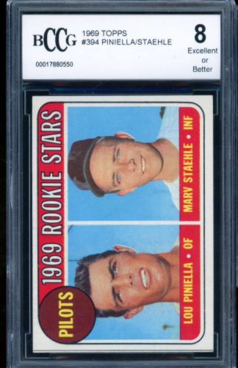 Lou Piniella/Steve Staehle Card 1969 Topps #394 BGS BCCG 8 Image 1