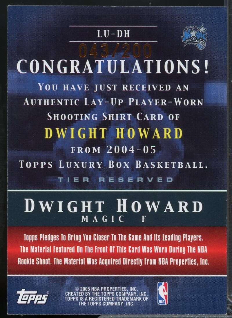 Dwight Howard Card 2004-05 Topps Luxury Box Lay-Up Relics 200 #DH  Image 2