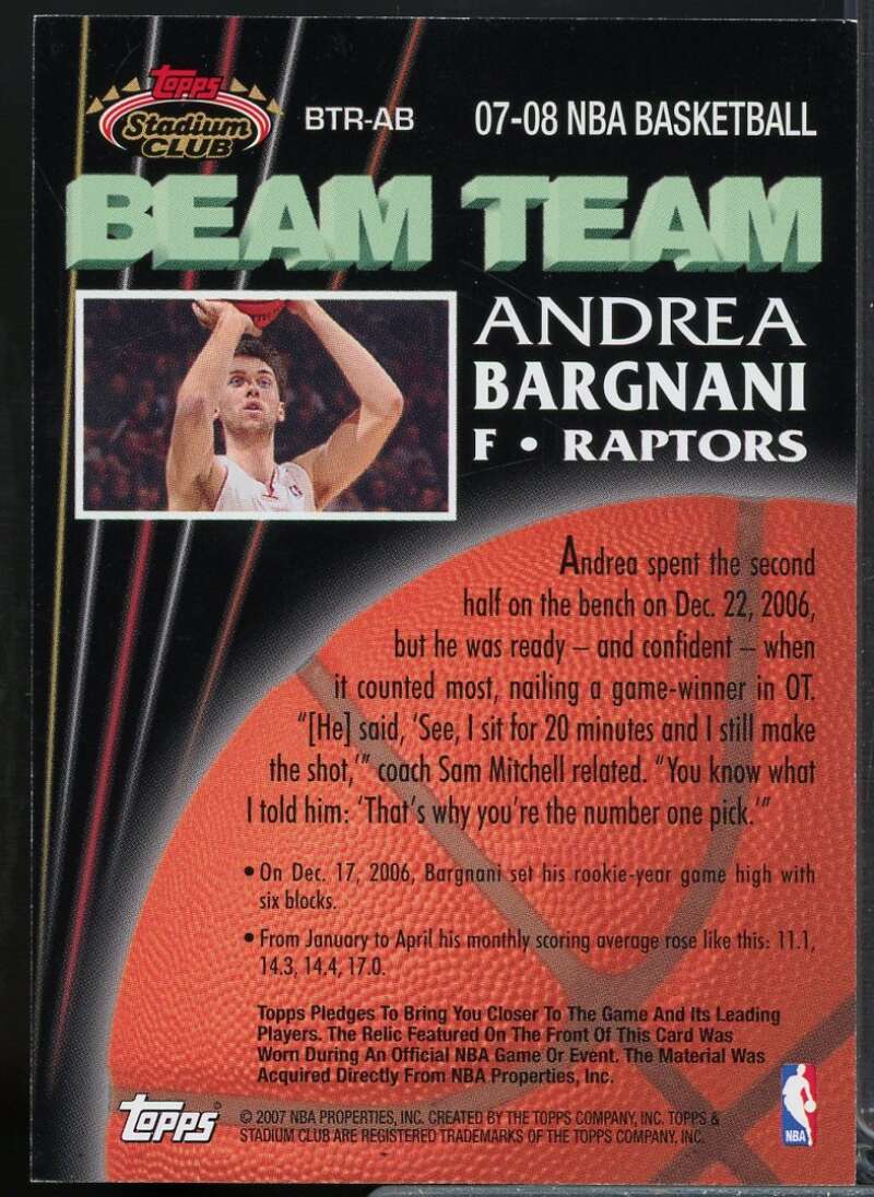 Andrea Bargnani D Card 2007-08 Stadium Club Beam Team Relics #AB  Image 2