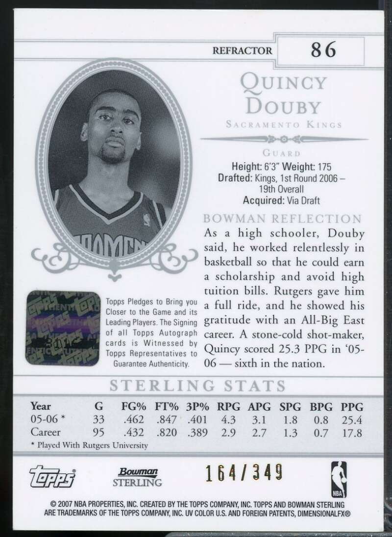 Quincy Douby AU Card 2006-07 Bowman Sterling Refractors Gold #86  Image 2