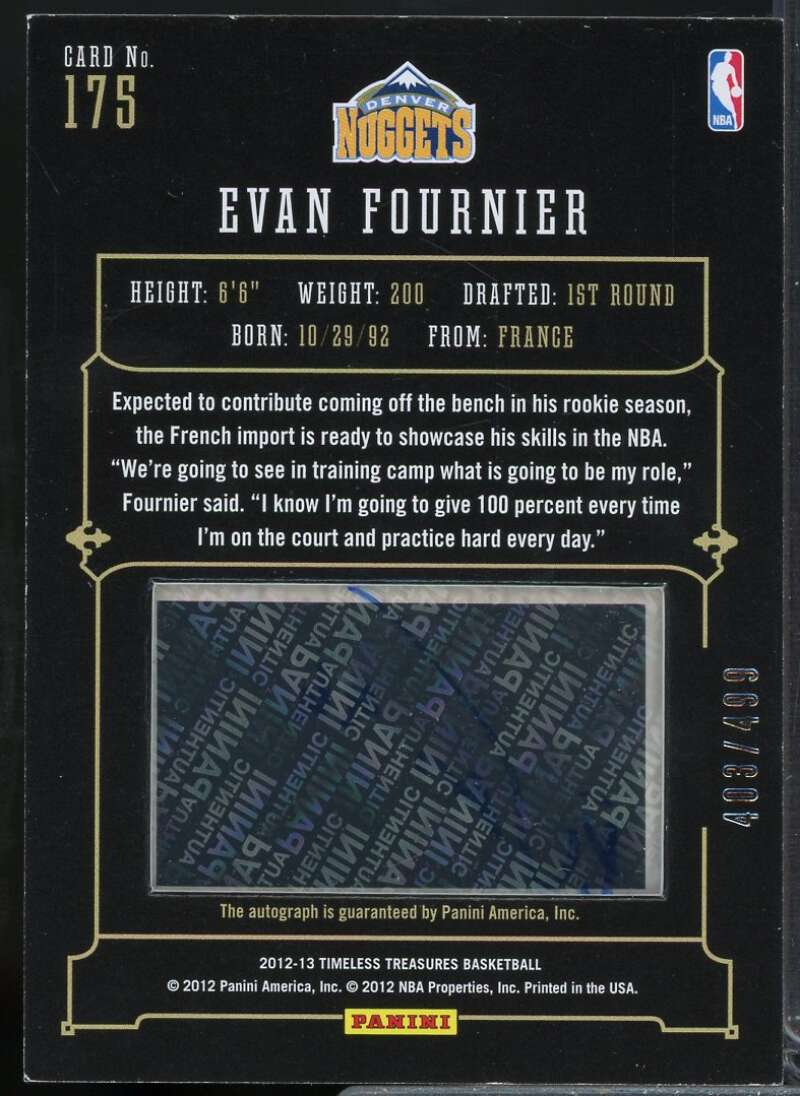 Evan Fournier AU/499 Rookie Card 2012-13 Timeless Treasures #175  Image 2
