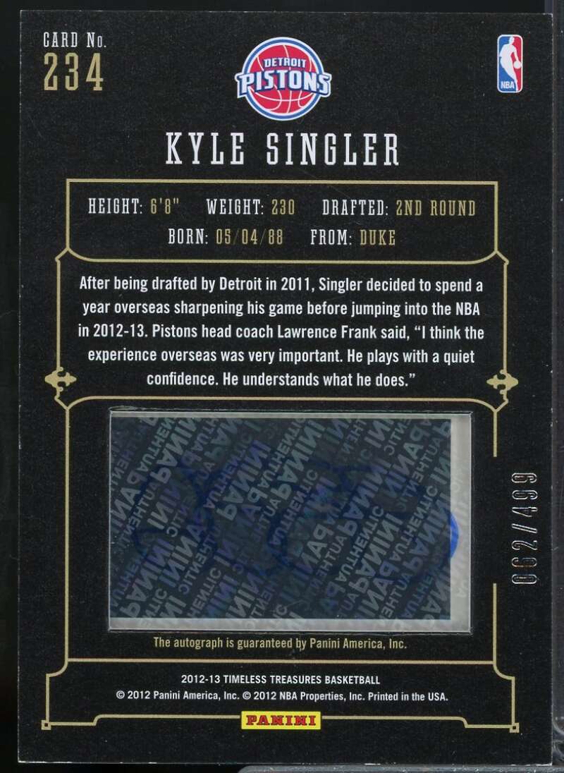 Kyle Singler AU/499 Rookie Card 2012-13 Timeless Treasures #234  Image 2