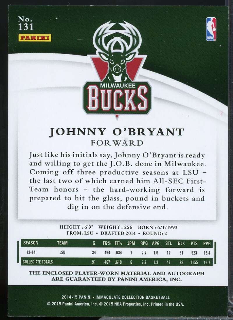 Johnny O'Bryant JSY AU Rookie Card 2014-15 Immaculate Collection #131  Image 2
