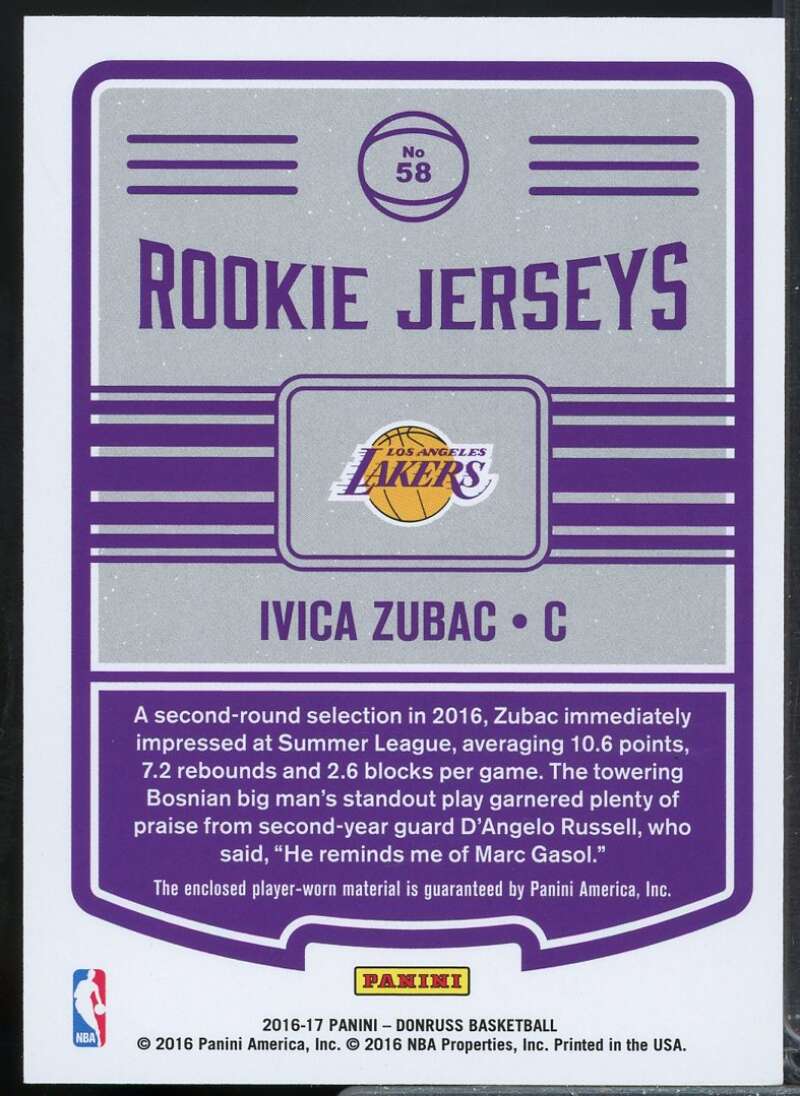 Ivica Zubac Rookie Card 2016-17 Donruss Rookie Jerseys #58  Image 2