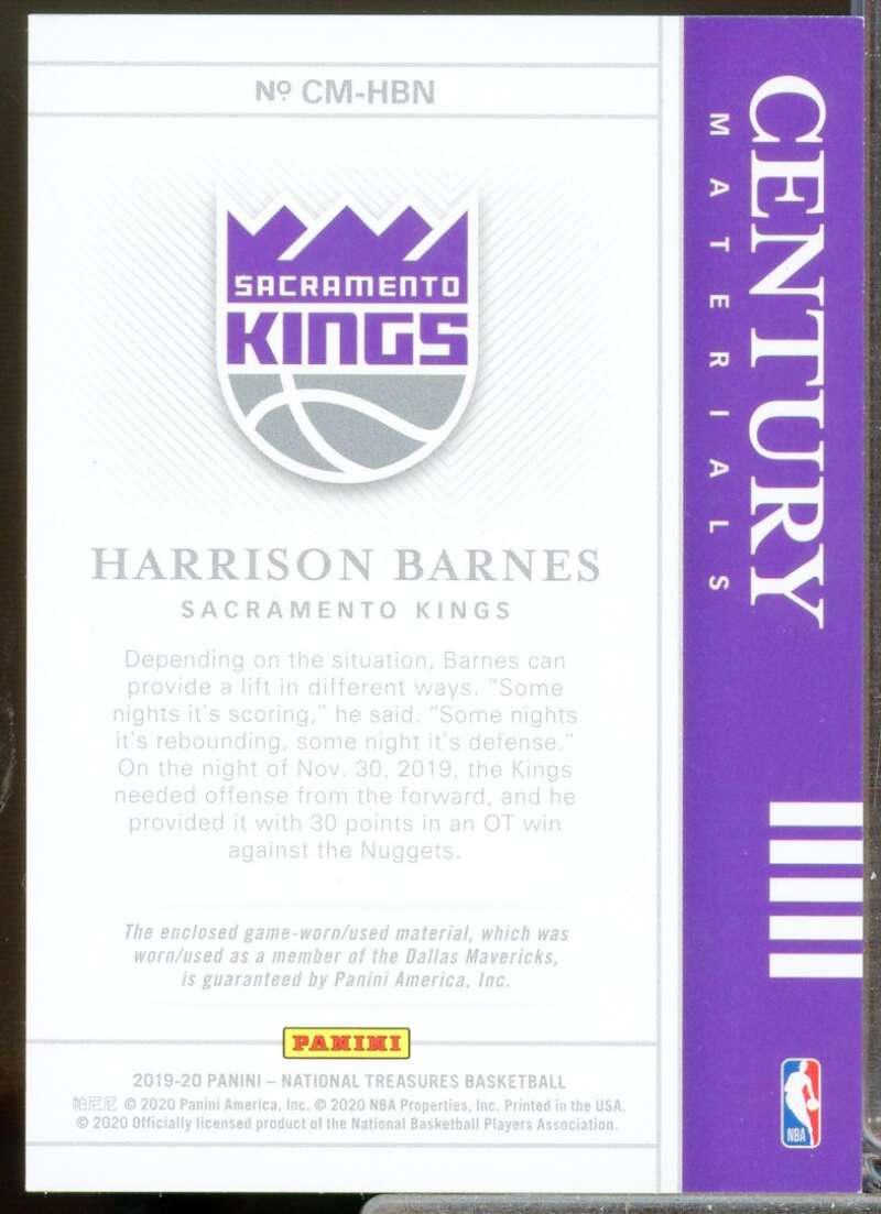 Harrison Barnes Card 2019-20 Panini National Treasures Century Materials #3  Image 2