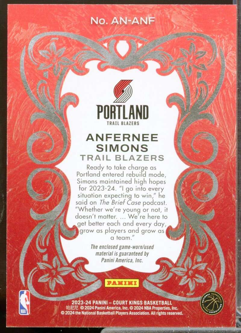 Anfernee Simons Card 2023-24 Court Kings Art Nouveau Jerseys #24  Image 2