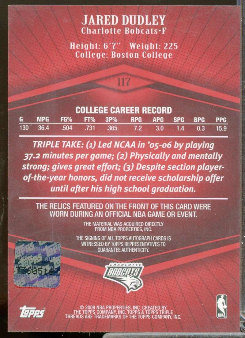Jared Dudley Card 2007-08 Topps Triple Threads Rookie Relics Autographs #117  Image 2