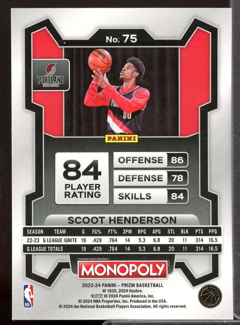 Scoot Henderson Rookie Card 2023-24 Panini Prizm Monopoly #75  Image 2