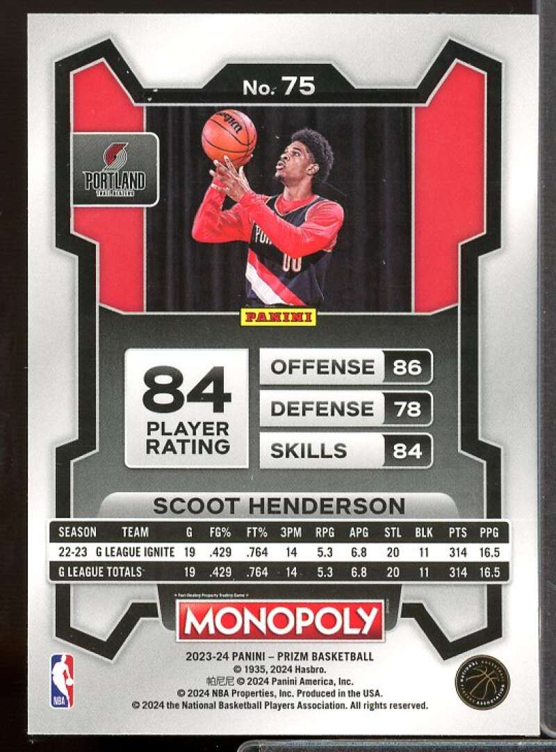 Scoot Henderson Rookie Card 2023-24 Panini Prizm Monopoly #75  Image 2